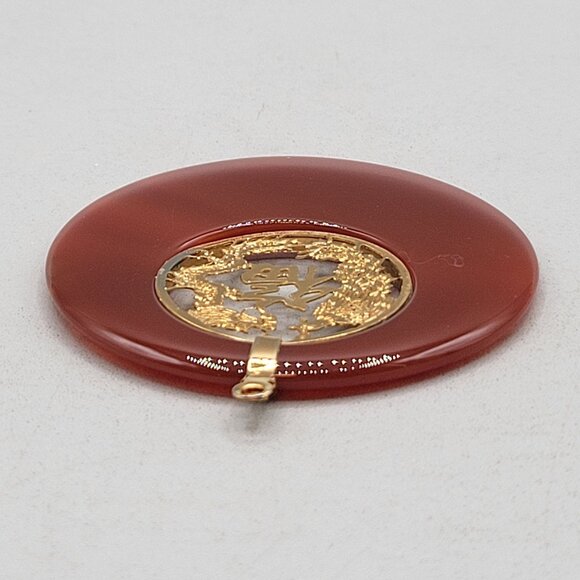 Vintage Chinese Red Carnelian Pendant Gold Plated Dragon Phoenix Characters - Picture 3 of 4